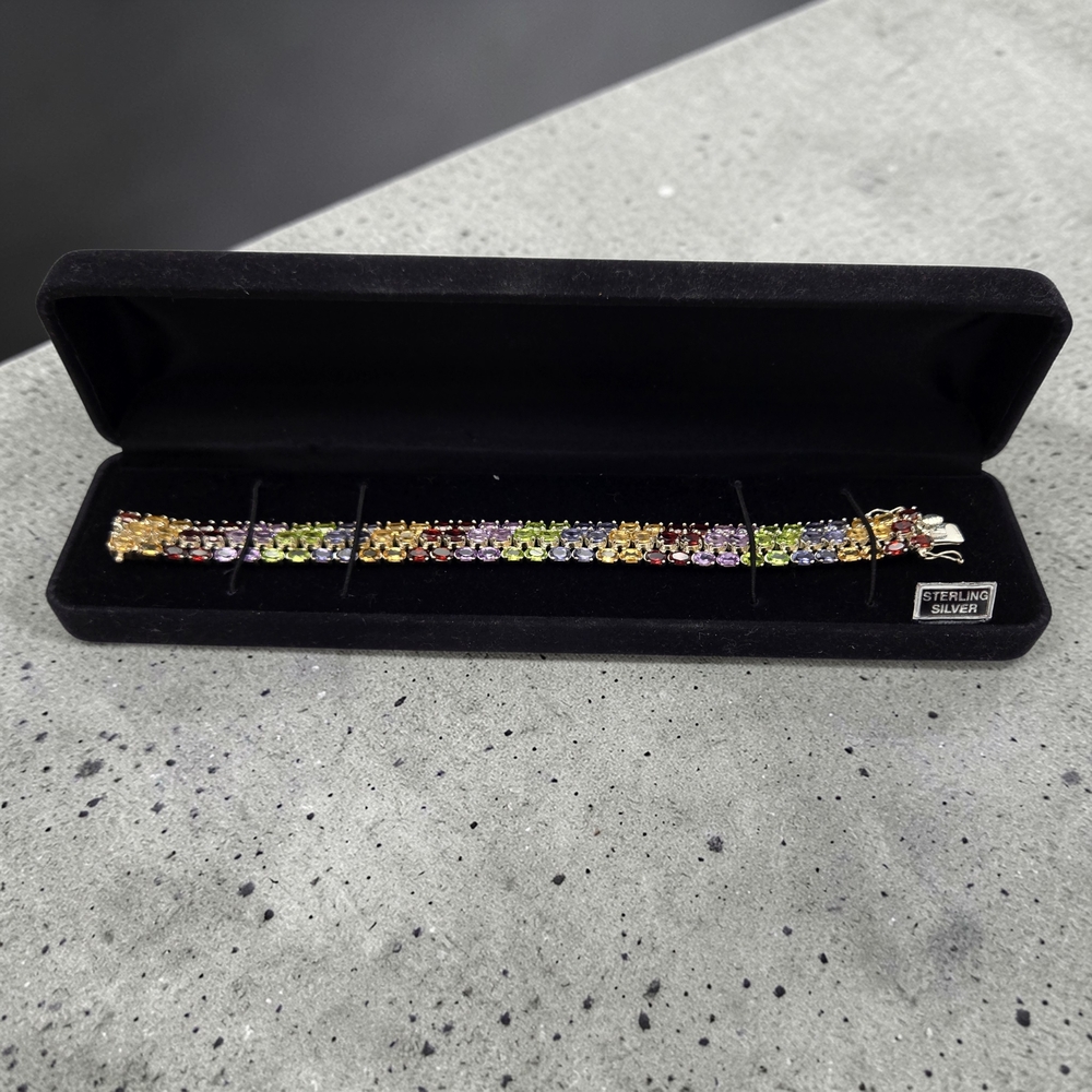 Sterling Silver 925 Rainbow Gemstone Tennis Bracelet Crown Mark 6.75” Estate - Picture 1 of 10